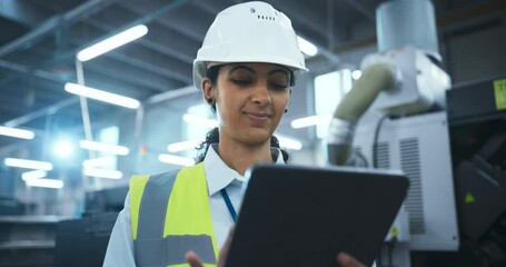 Leinwandbilder - Female Worker in a White Hard Hat and Reflective Vest Standing in a Manufacturing Facility, Inspecting Machinery. Factory is Equipped with Advanced Automated Engineering Tools for Production Work