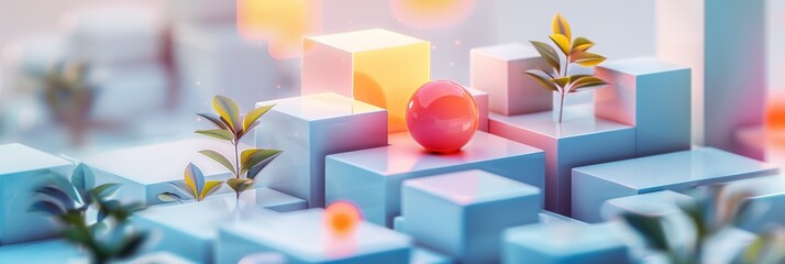 Abstract Futuristic 3D Render Minimalistic Style with Floating Geometric Shapes Isometric Design, Light Color Theme, Bright Background, and Soft Lighting