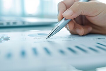 Close-up of a consultant's hand holding a pen over a detailed financial report, with charts and graphs prominently displayed. The minimalist setup provides ample copy space.