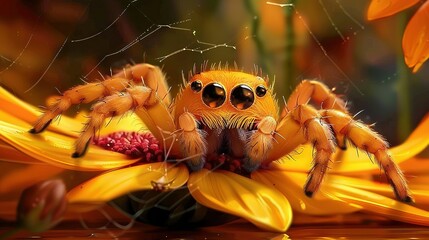 Wall Mural -   A macro shot of a spider on a blossom, with its hind legs fully extended