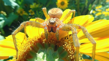 Wall Mural -   A close-up of a spider on a sunflower with another spider in its center
