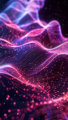 Wall Mural - purple and blue neon glowing waves with particles on a dark background