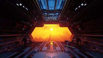 futuristic spaceship interior with a large window showcasing a vibrant orange sunset and a distant c