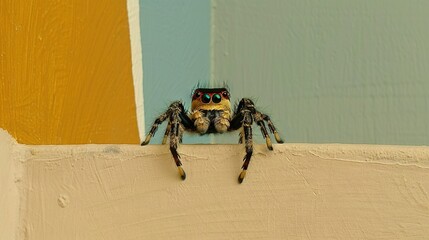 Wall Mural -   A close-up shot of a spider perched on a wall with contrasting blue and yellow backgrounds