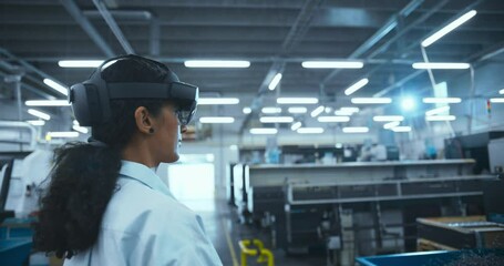 Leinwandbilder - Female Engineer Using a Mixed Reality Headset and Gesturing With Her Hands in the Air. Technician Working with Futuristic Equipment. Side Portrait in an Industrial Factory Environment