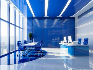 Wall Mural - Small office interior design, modern luxury style, blue and white color scheme, high ceiling, floor-to-ceiling windows on the back wall, desks, chairs, computers and other high-tech furniture