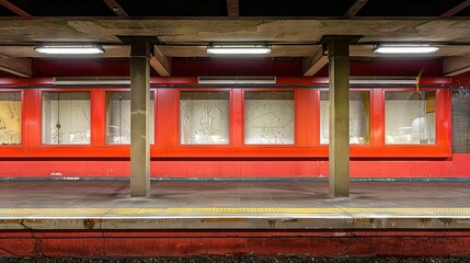 Canvas Print -   An empty train station with red doors and graffiti on the side of the building, and a yellow line dividing the platform