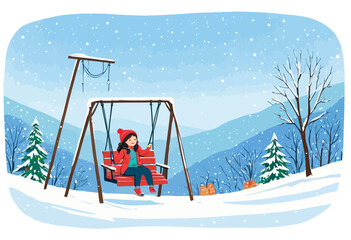 winter fun: girl sitting on swing in snowy forest