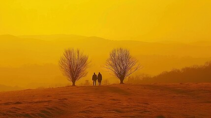 Poster -   A few individuals atop a hill amidst two trees during a hazy day