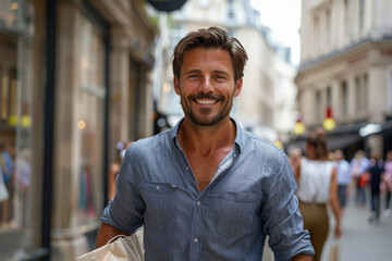 Wall Mural - A man carrying a shopping bag on the street