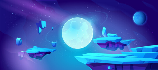 Outer space game background with alien planet surface and platform for jump on dark night starry sky with neon glow celestial body. Cartoon vector illustration of blue cosmos adventure gui design.