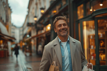 Wall Mural - A man carrying a shopping bag on the street