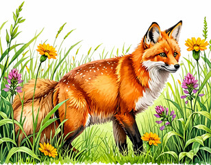 Wall Mural - Fox in a Field of Wildflowers