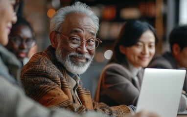 a diverse group of business professionals sit at a table in a modern cafe, smiling and looking happy