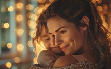 A mother and her young daughter embrace each other, both smiling and looking happy. The warm glow of string lights creates a cozy and romantic atmosphere