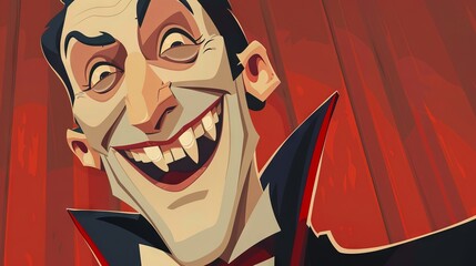 Wall Mural - Cartoon illustration of a vampire with fangs and a red background. Concept of horror, Halloween, monster, gothic character