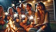© ProStockGallery - Happy Friends Celebrate with Sparklers and Bonfire at Night