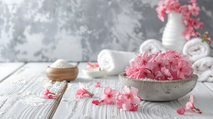 Wall Mural - Spa ambiance featuring pink flowers on white wooden surface