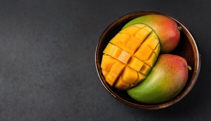 Wall Mural -  mango in a bowl on a black background, top view, copy space