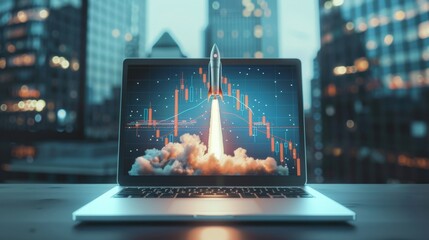 Wall Mural - A laptop screen shows a rocket launching into the sky. Concept of excitement and progress, as the rocket represents a technological advancement and a symbol of human achievement