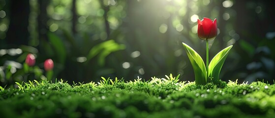 Wall Mural -   A solitary red tulip nestled amidst lush green grass, bathed in golden sunlight filtering through the tree canopy