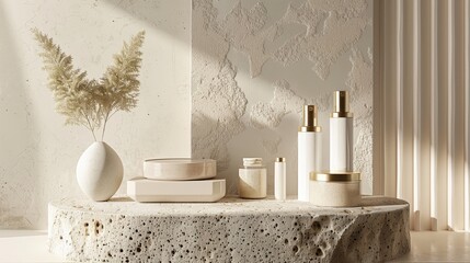 Wall Mural - Cosmetics displayed on stone podium with beige backdrop