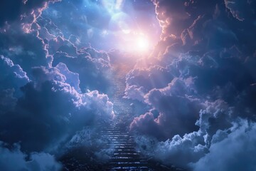 Sticker - A stairway ascending into cloudy skies, suitable for use in images about hope, optimism, or ascension