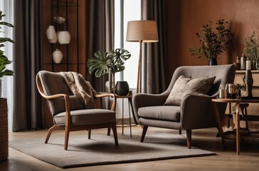 Poster - Cozy living room with two armchairs and floor lamp with natural light