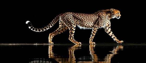 Poster -   A cheetah strolling on a dark surface with its reflection in water and tail up