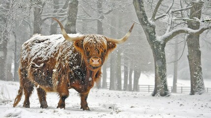 Wall Mural -   A Yak in the Snow - A yak stands facing a row of trees, snowfall descends from above while a fence is visible in the background