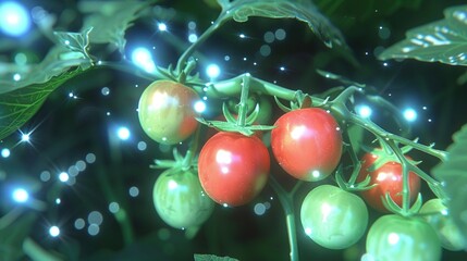 Poster -   Close-up of several ripe tomatoes dangling from a leafy stem, with droplets of water beading on the foliage