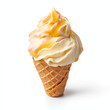 © Minimal Blue - Vanilla Soft Serve Ice Cream Cone With Caramel Drizzle On A White Background Showing Delicious Dessert