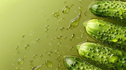 Wall Mural - a close-up image of a cucumber cluster on a green background with water droplets on the surface