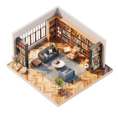 Poster - 3D Render of a Home Library in an Urban Loft, on isolated white background, Generative AI