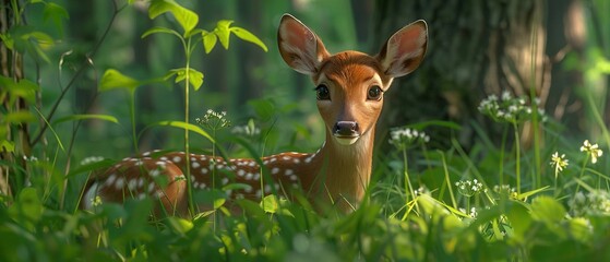 Sticker -   A small deer, surrounded by tall grass and vibrant flowers, stands gracefully in the heart of the forest