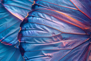 Beautiful abstract background of blue morpho butterfly wing close up. Texture with beautiful iridescent neon colors,