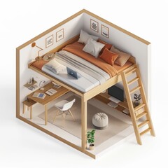 Poster - 3D Render of a Lofted Bed with Study Area in an Urban Loft, on isolated white background, Generative AI