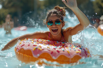 Wall Mural - The woman wearing sunglasses in the summer swimming pool