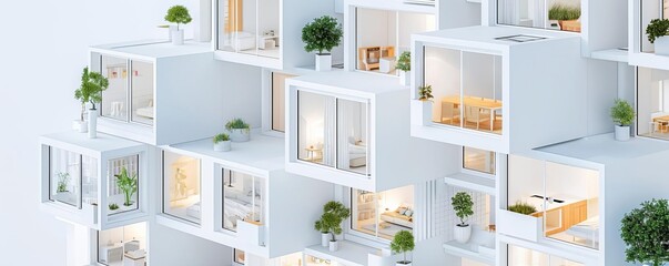 Minimalist 3D apartment complex, representing urban housing demand