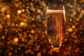 A glass of champagne with bubbles rising, set against a backdrop of a New Year Eve party