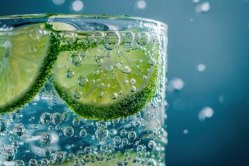 A glass of sparkling water with lime slices and bubbles rising to the surface