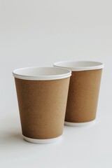 Canvas Print - Two brown paper cups sit on a clean white table, perfect for a casual gathering or event