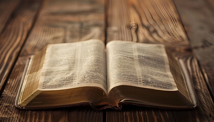 Wall Mural - Open Bible on wooden table, closeup. Christian religious book