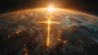 © Tn - Shiny glowing golden Christian religion faith cross symbol sign above the planet earth globe. Jesus Christ gospel and crucifixion evangelism, international missionary organization,worldwide fellowship