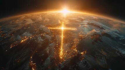 Wall Mural - Shiny glowing golden Christian religion faith cross symbol sign above the planet earth globe. Jesus Christ gospel and crucifixion evangelism, international missionary organization,worldwide fellowship