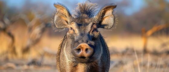 Wall Mural -   A wild boar gazes at the lens while standing amidst parched grass and barren trees in the backdrop