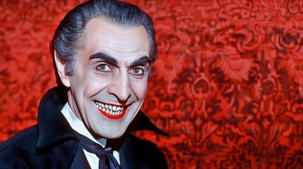 Wall Mural - Smiling vampire with fangs in a dark red setting. Concept of Dracula, Gothic horror, Halloween character, classic monster