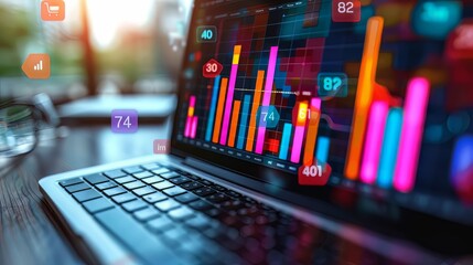 Closeup screen of the laptop or notebook device, displaying the colorful website traffic metrics, graphs and analytics for the ranking of the blog on the internet or web online, visitors statistics