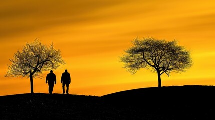 Poster -   Two individuals stand together atop a hill, surrounded by an orange and yellow cloud-filled sky