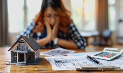 Businesswoman with financial stress at desk with house model, documents, and pen, face buried in hands